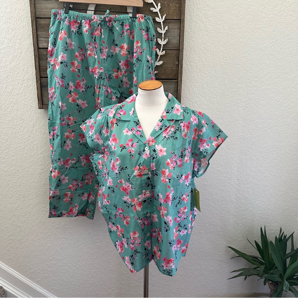 Cat’s Pajamas green pink floral cotton pajama set ladies size XL NWT